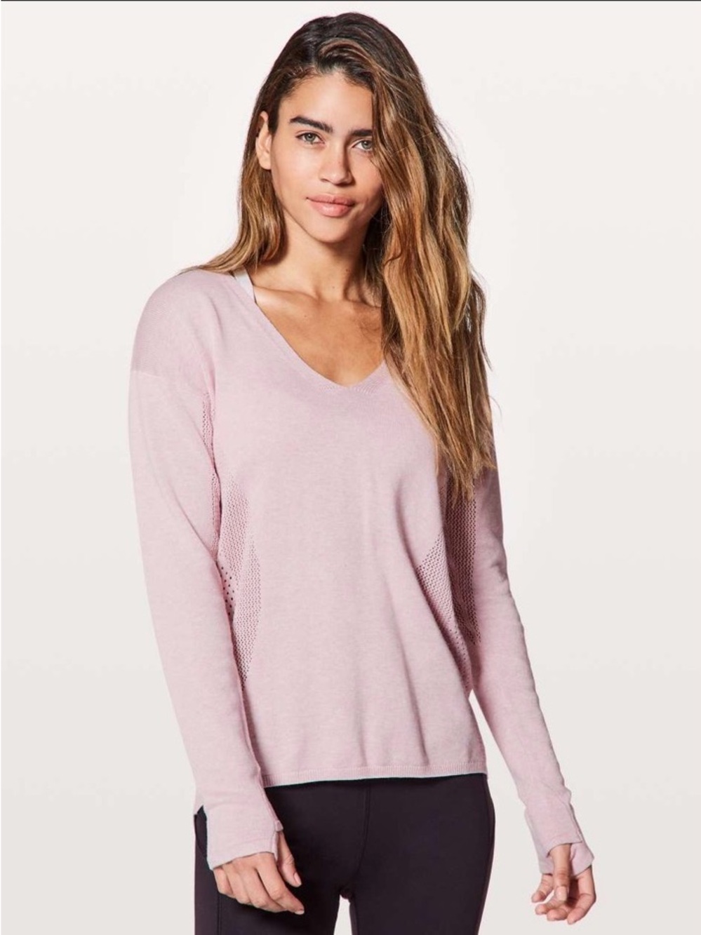 Lululemon Still Movement Long Sleeve V Neck Casual Sweater in Heathered Petals